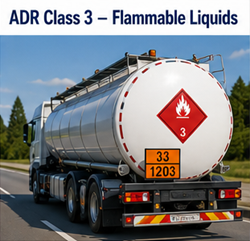 Autocisterna che trasporta liquidi infiammabili con cartelli di pericolo Classe ADR 3