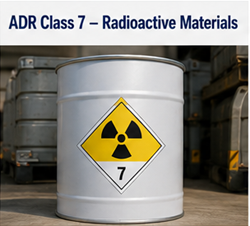 Trasporto di materiale radioattivo con simboli di pericolo Classe ADR 7 e contenitori schermati