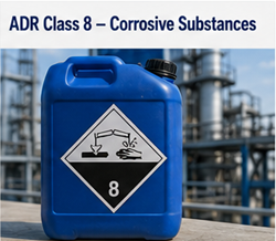 Prodotti chimici corrosivi in contenitori industriali con etichette di avvertimento Classe ADR 8