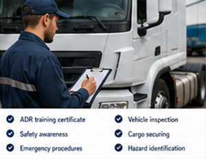 Conducente certificato ADR che controlla un veicolo per il trasporto di merci pericolose in Europa