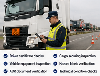 Controllo ADR su strada di camion e conducente per merci pericolose in Europa