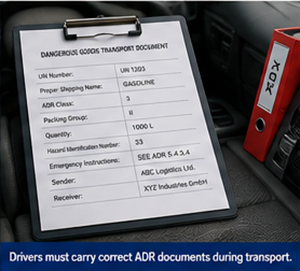Documenti di trasporto ADR e pratiche per merci pericolose all’interno della cabina del camion