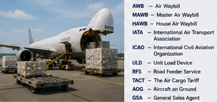 Operazioni di cargo aereo con aereo merci, logistica aeroportuale e abbreviazioni per il trasporto aereo internazionale e le procedure doganali