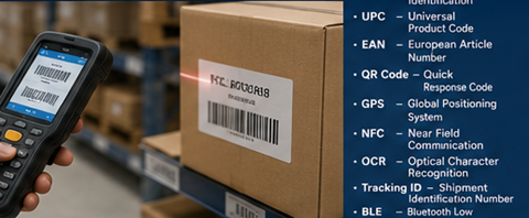 Operatore di magazzino che scansiona tag RFID ed etichette con codice a barre durante la gestione dell’inventario
