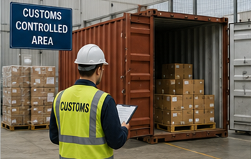 Magazzino doganale con carichi importati e container sotto controllo doganale