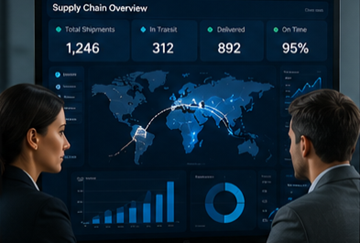 Responsabili logistici che monitorano dashboard di tracking della supply chain in Europa