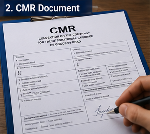 Documento di trasporto CMR utilizzato nel trasporto stradale europeo con dettagli di spedizione e firme
