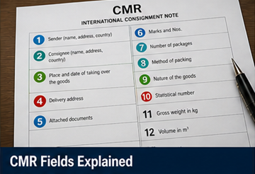 Vista dettagliata dei campi del modulo CMR con sezioni relative a mittente, destinatario, descrizione della merce e firme