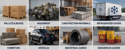 Diverse tipologie di merce trasportata tra cui pallet, scatole, macchinari, container e merci refrigerate
