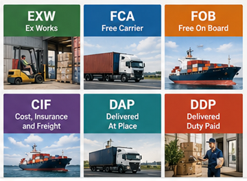 Panoramica degli Incoterms più comuni, inclusi EXW, FOB, CIF, DDP e DAP nella logistica globale