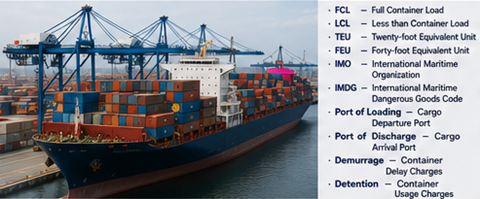 Operazioni di spedizione container con navi cargo, terminal portuali e abbreviazioni per il trasporto marittimo e la logistica internazionale