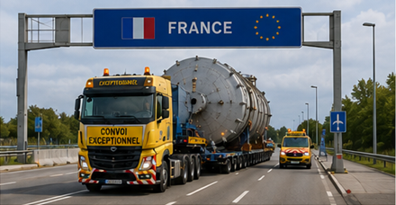 Convoglio internazionale di trasporto fuori sagoma che attraversa i confini europei