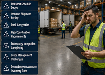Terminal logistico affollato che affronta criticità di coordinamento del cross-docking e sfide di trasporto