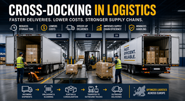 Magazzino di cross-docking con camion in carico e scarico merci in un moderno centro logistico europeo