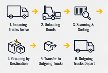 Workflow di cross-docking con camion logistici in ingresso e in uscita