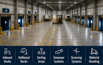 Terminal di cross-docking con baie di carico, camion e operazioni di smistamento