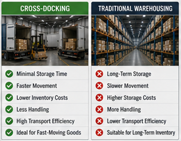 Confronto tra operazioni di cross-docking e stoccaggio in magazzino tradizionale