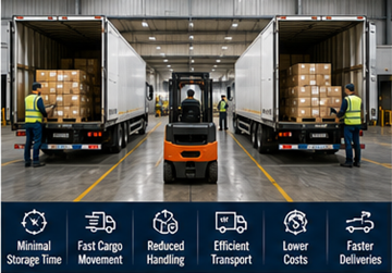 Magazzino di cross-docking che trasferisce pallet direttamente tra camion
