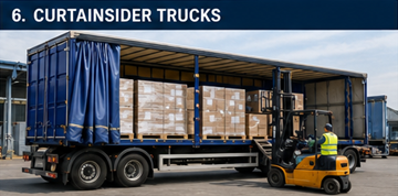 Camion centinato in fase di carico con pallet in un centro logistico europeo