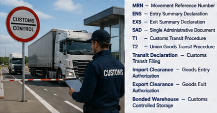 Processo di sdoganamento alla frontiera internazionale con documenti di trasporto e abbreviazioni per operazioni import export