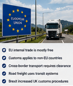 Camion europei che attraversano le frontiere e completano le procedure doganali nelle operazioni logistiche