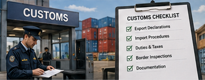 Funzionari doganali che controllano merce internazionale e documenti di trasporto per operazioni di import export