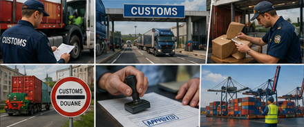 Ispezioni doganali, controlli di frontiera, camion merci e operazioni di sdoganamento internazionale