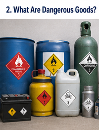 Esempi di merci pericolose tra cui prodotti chimici carburante bombole di gas batterie e liquidi industriali