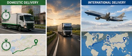 Tempi di consegna nazionali e internazionali con camion logistici, aerei, mappe e rotte di trasporto