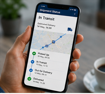 Cliente che utilizza un’app di tracking su smartphone con aggiornamenti live della spedizione e notifiche