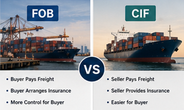 Confronto visivo delle responsabilità di spedizione FOB e CIF nella logistica internazionale