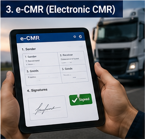 Autista che utilizza il documento e-CMR digitale su tablet durante un trasporto logistico