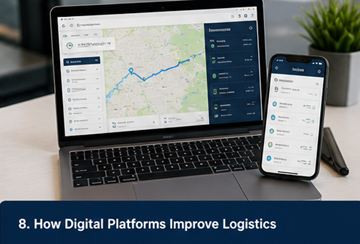 Dashboard di piattaforma logistica digitale con tracciamento, comunicazione e ordini di trasporto