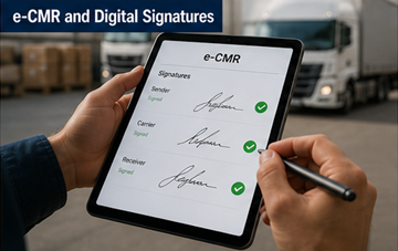 Autista che firma un documento di trasporto digitale su tablet, a rappresentare la firma elettronica dell’e-CMR