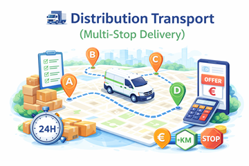 Trasporto di distribuzione con più fermate di consegna su un unico percorso, che mostra logistica multi-stop e prezzi flessibili