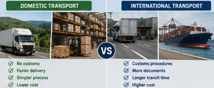 Confronto tra trasporto nazionale e internazionale con camion locali, controlli doganali, porti e logistica merci internazionale