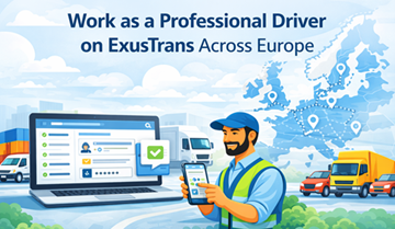 Autista di camion professionista che utilizza la piattaforma mobile e web ExusTrans per gestire incarichi di trasporto, veicoli e consegne in tutta Europa