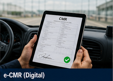 Autista che utilizza un tablet per firmare il documento CMR digitale eCMR nel sistema logistico