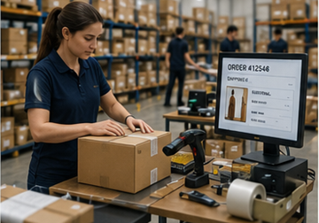 Centro di fulfillment e-commerce che processa ordini online dei clienti