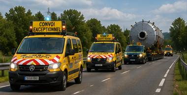 Veicoli di scorta che accompagnano un convoglio per trasporto fuori sagoma su un’autostrada europea