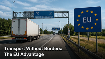 Camion che attraversa un confine europeo senza dogana, mercato unico UE, libera circolazione delle merci, autostrada in Europa