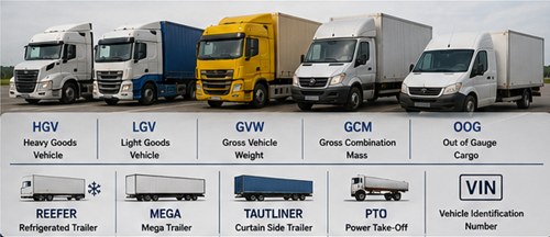 Diversi veicoli commerciali europei per il trasporto, tra cui camion frigorifero, mega trailer, centinato alla francese (curtain side), furgone e pianale per trasporto