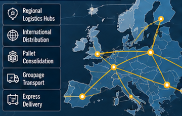 Rete di trasporto europea che utilizza hub logistici di cross-docking e centri di distribuzione