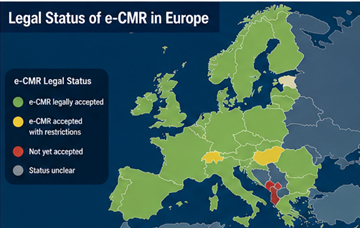 Mappa dell’Europa che mostra i paesi in cui l’e-CMR è legalmente accettato per i documenti di trasporto digitali