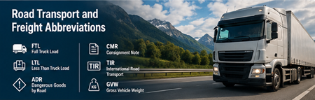 Camion merci europeo che trasporta carico su autostrade, a rappresentare le abbreviazioni del trasporto su strada