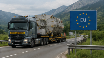 Convoglio di trasporto eccezionale europeo che movimenta carico industriale fuori sagoma tra diversi Paesi