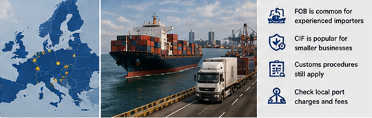 Operazioni portuali europee con container importati e procedure doganali