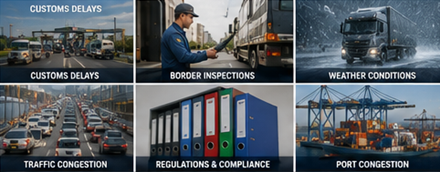 Trasporto europeo nazionale e internazionale con autostrade UE, attraversamenti di frontiera, magazzini e hub logistici