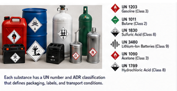 Esempi di merci pericolose ADR tra cui carburanti prodotti chimici batterie e bombole di gas