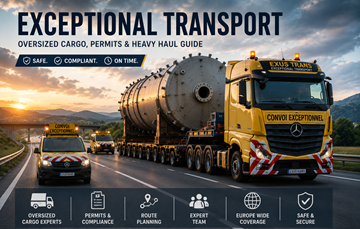 Convoglio di trasporto eccezionale che trasporta un carico industriale fuori sagoma attraverso l’Europa al tramonto